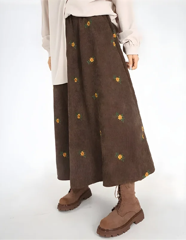 ---Sunflower Embroidered Corduroy Maxi Skirt