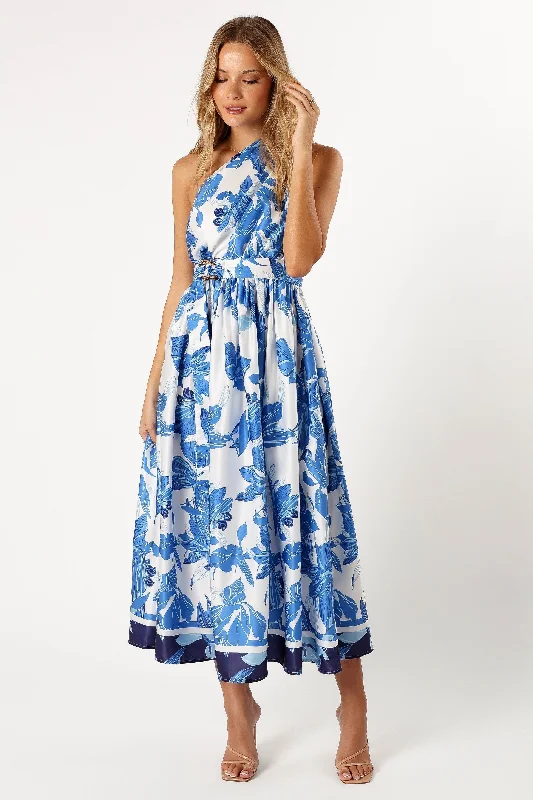 ---Naomi One Shoulder Midi Dress - Blue Floral