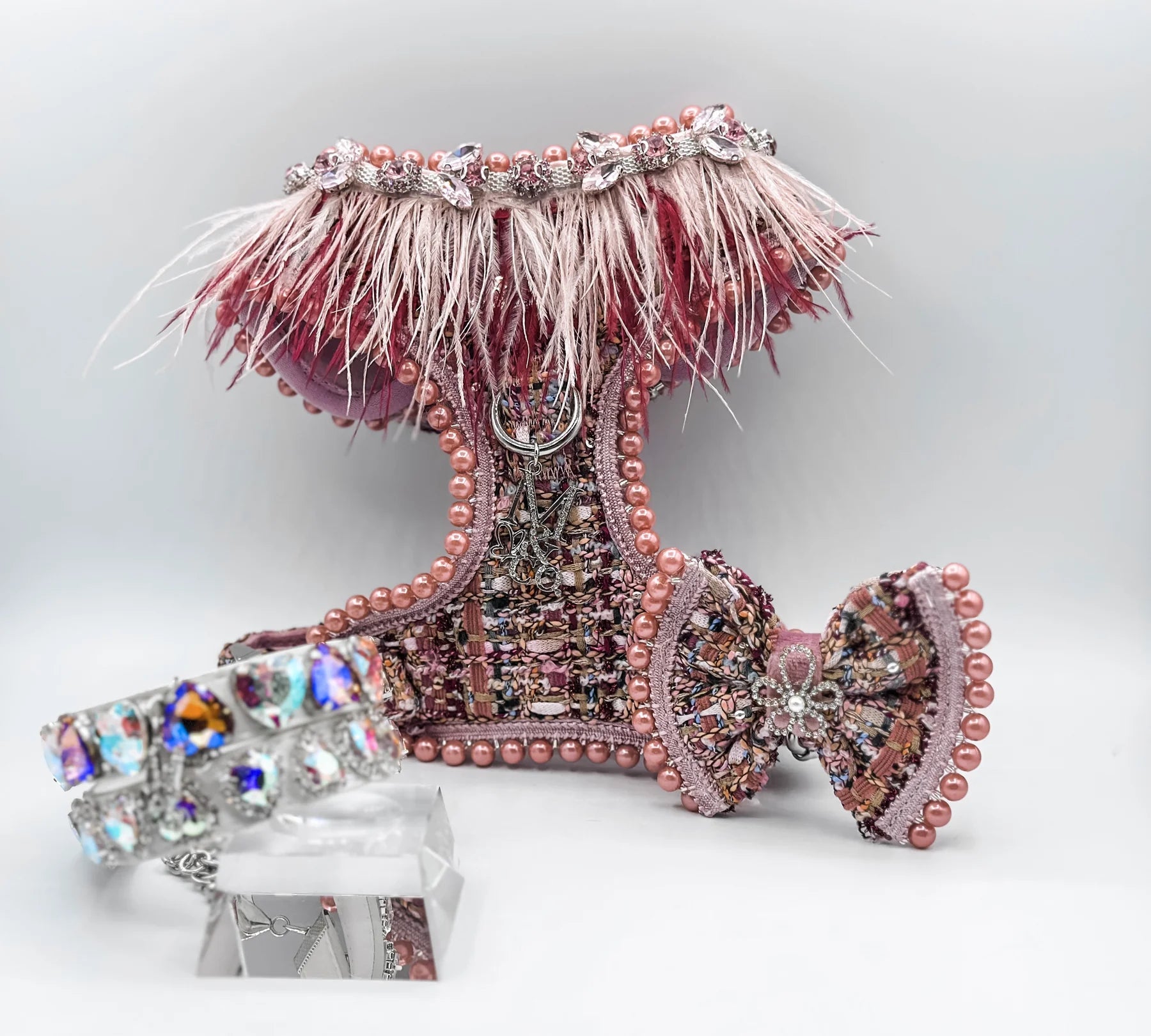 Pet easy-to-wear and take-off design clothesThe Brenda (With Gem & Feathers Trim) Tweed Harness