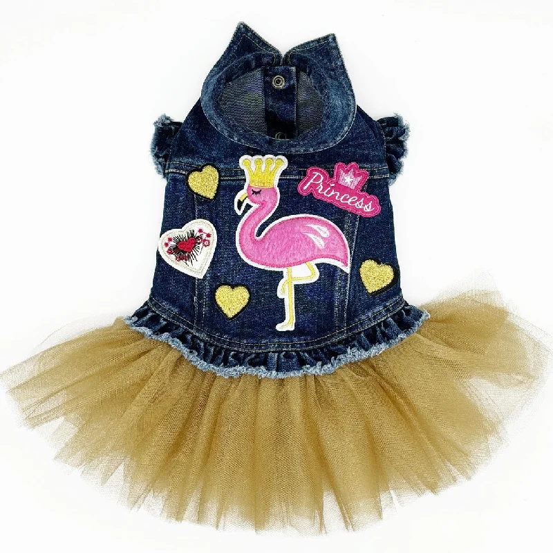 Pet birthday party clothesPink Flamingo Denim Dog Jacket with Tutu