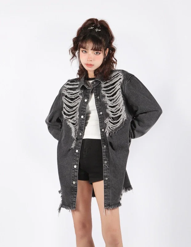 - Rabbit grass rack to prevent waste food boxGrunge Distressed Long Denim Jacket