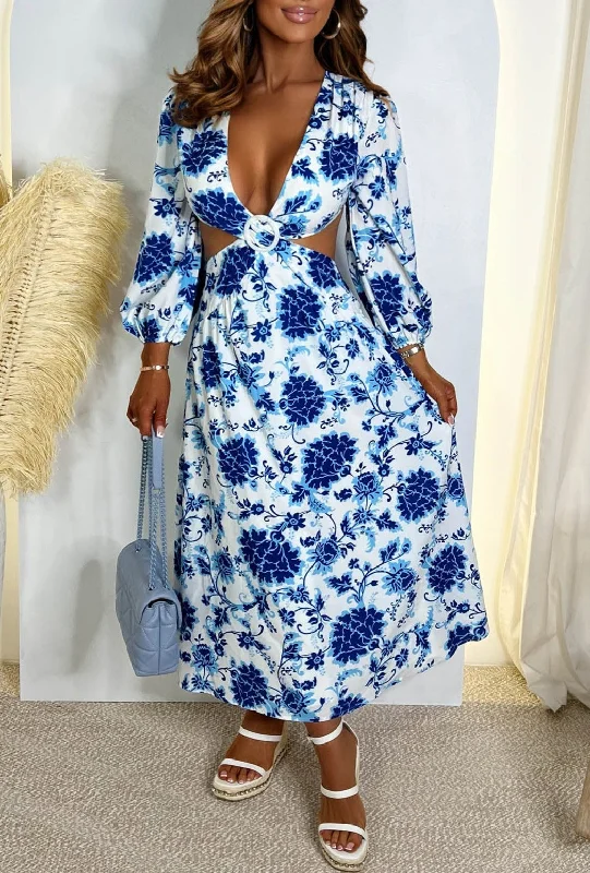 Dream of Santorini Blue Porcelain Print Cut Out Midi Dress