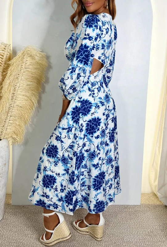 Dream of Santorini Blue Porcelain Print Cut Out Midi Dress