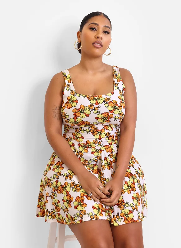 Eternal Floral Print Drop Waist Mini Skater Dress