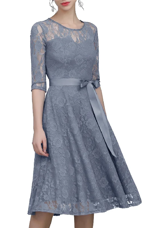 Grey Sash Lace Dress