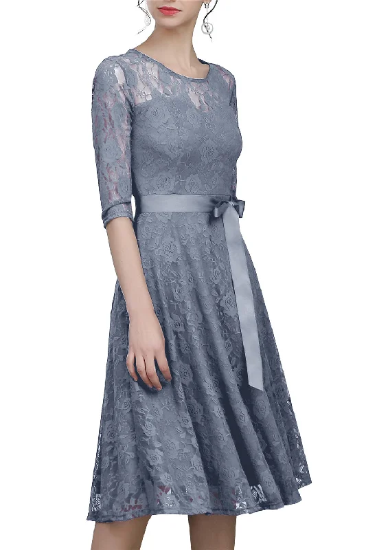 Grey Sash Lace Dress