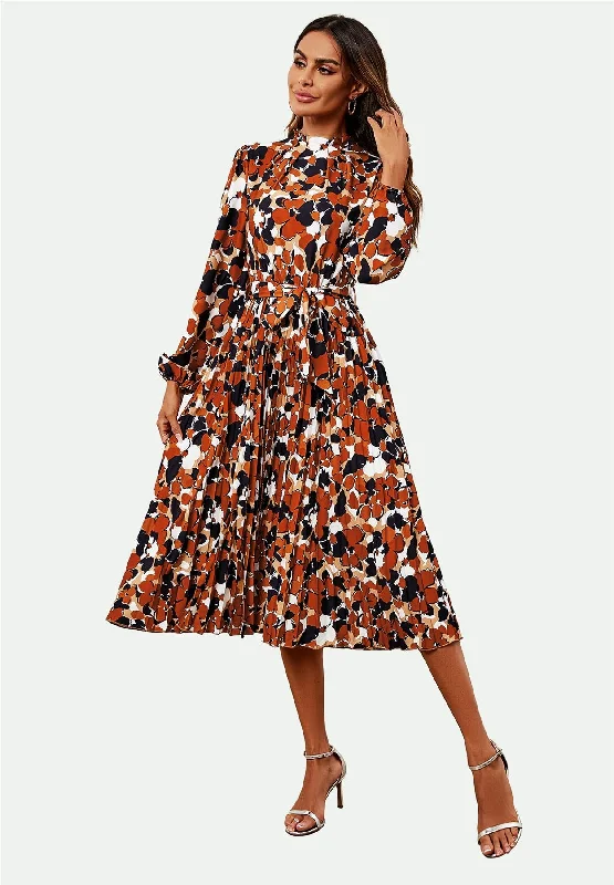 High Neck Long Sleeve Midi Dress In Rust