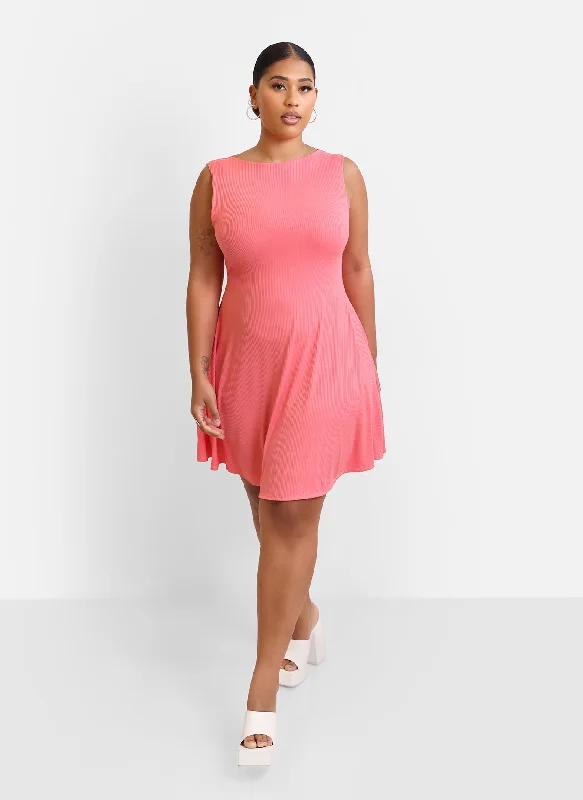 High Road Ribbed Mini Skater Dress - Bubble Gum Pink