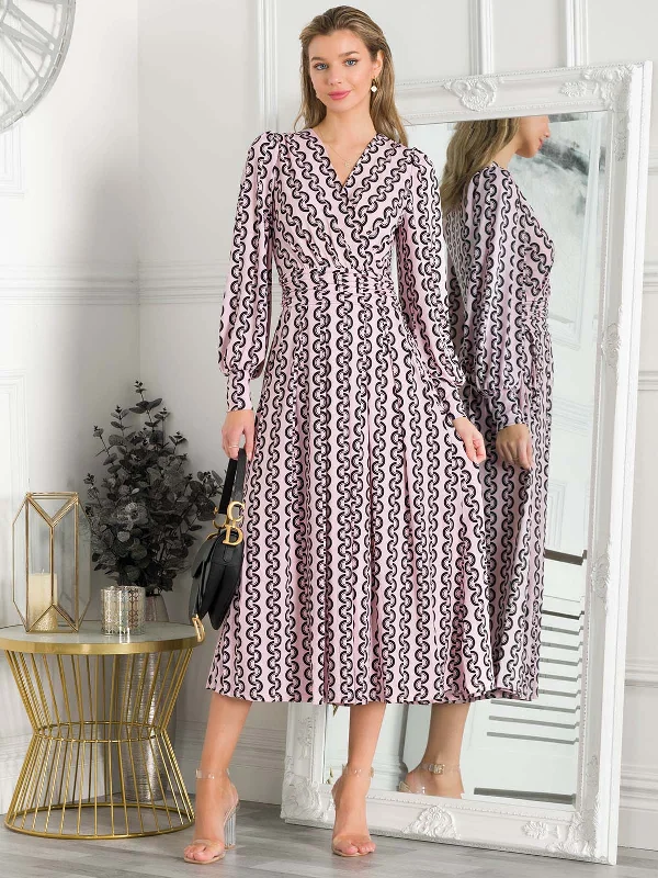 Jolie Moi Nancy Long Sleeve Maxi Dress, Pink Geo