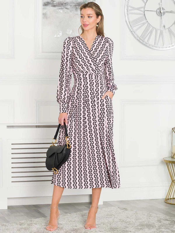 Jolie Moi Nancy Long Sleeve Maxi Dress, Pink Geo