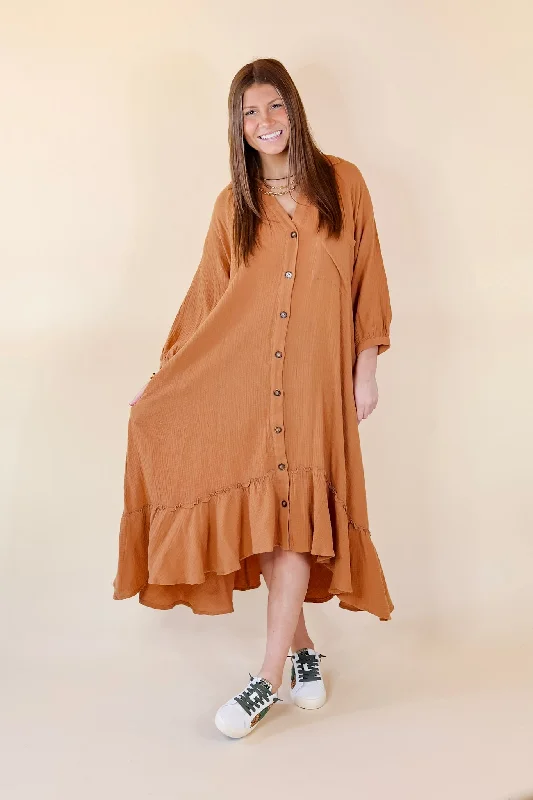 New England Nights Button Up Ruffle Hem Midi Dress in Camel