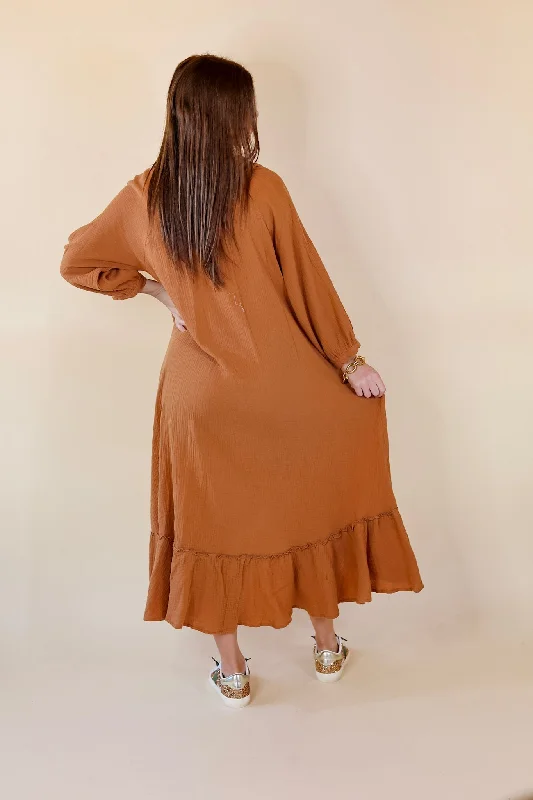 New England Nights Button Up Ruffle Hem Midi Dress in Camel