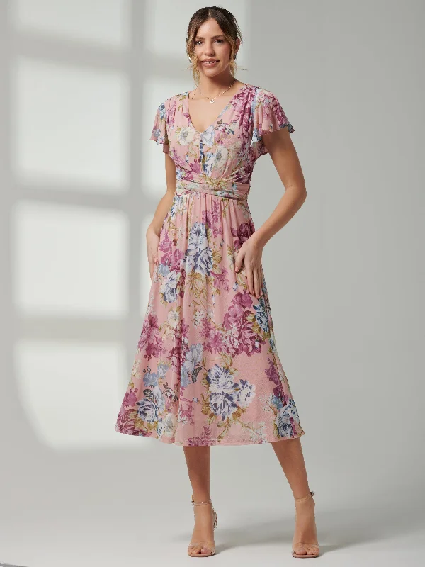 Scarlett Cap Sleeve Mesh Midi Dress, Floral Multi