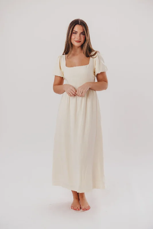 Ainsley Square Neck Midi Dress with Puffed Sleeves in Ivory- Bump Friendly & Inclusive Sizing (S-3XL)