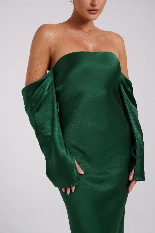 Vee Off Shoulder Satin Midi Dress - Emerald