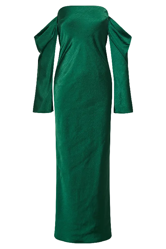 Vee Off Shoulder Satin Midi Dress - Emerald