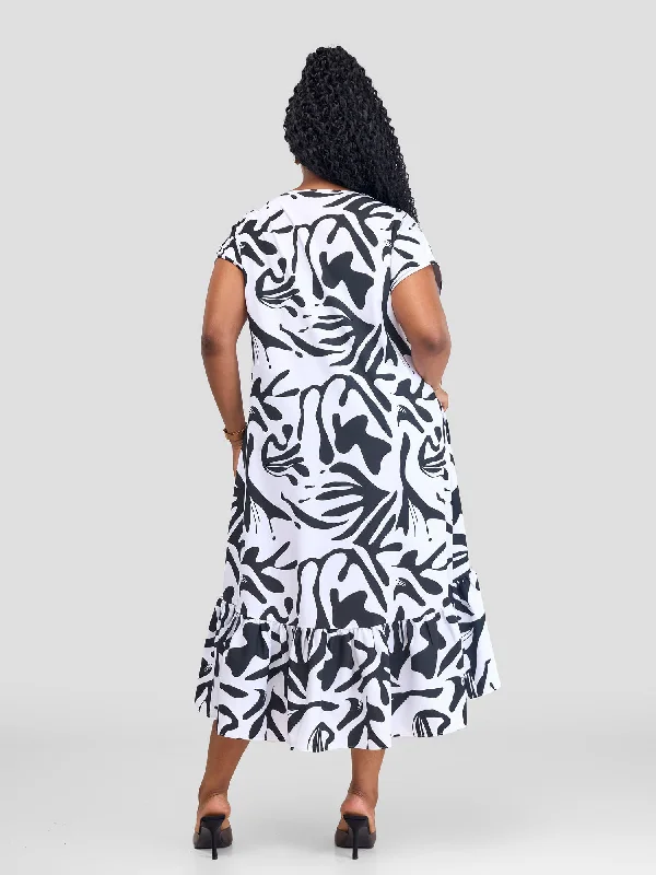 Vivo Zahari Drop Shoulder High Low Dress - White / Black Zari Print