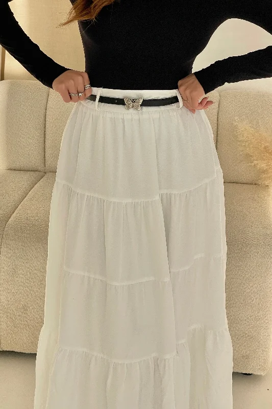 Catlin White Tiered Butterfly Belt Maxi Skirt