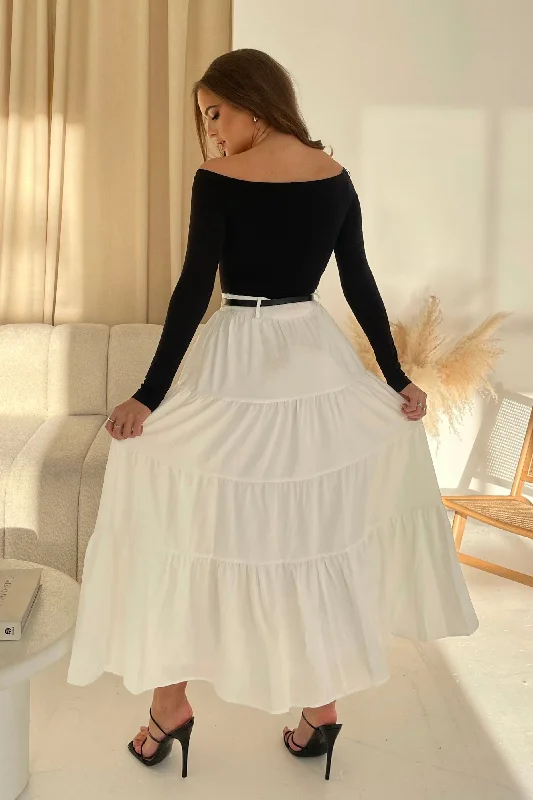 Catlin White Tiered Butterfly Belt Maxi Skirt