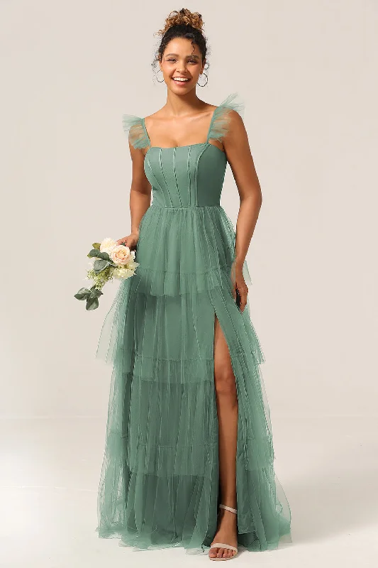 Detachable Straps A Line Eucalyptus Tiered Long Bridesmaid Dress