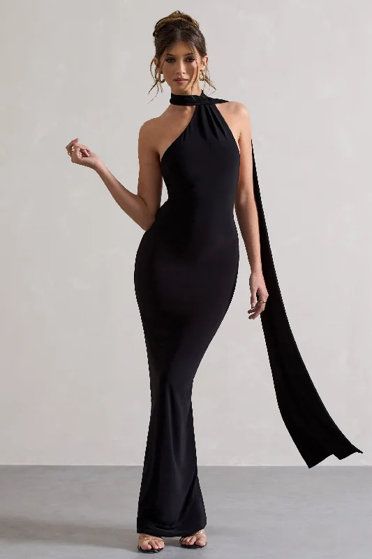 Miss | Black One Shoulder Backless Maxi Dress With Scarf