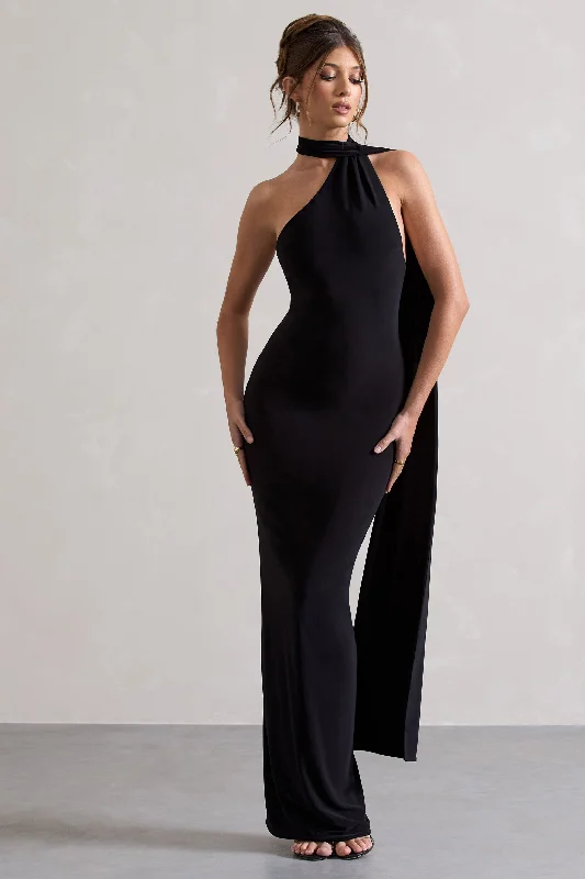 Miss | Black One Shoulder Backless Maxi Dress With Scarf