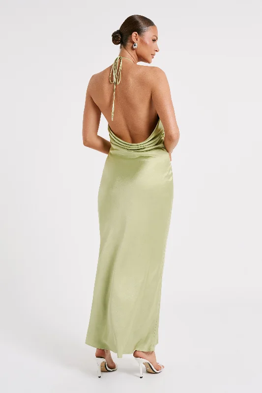 Sammy Satin Halter Maxi Dress - Pistachio