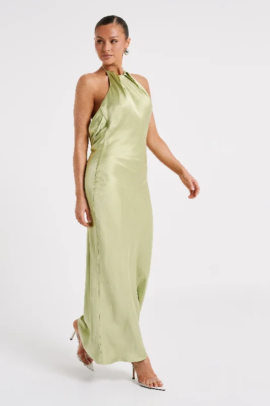 Sammy Satin Halter Maxi Dress - Pistachio