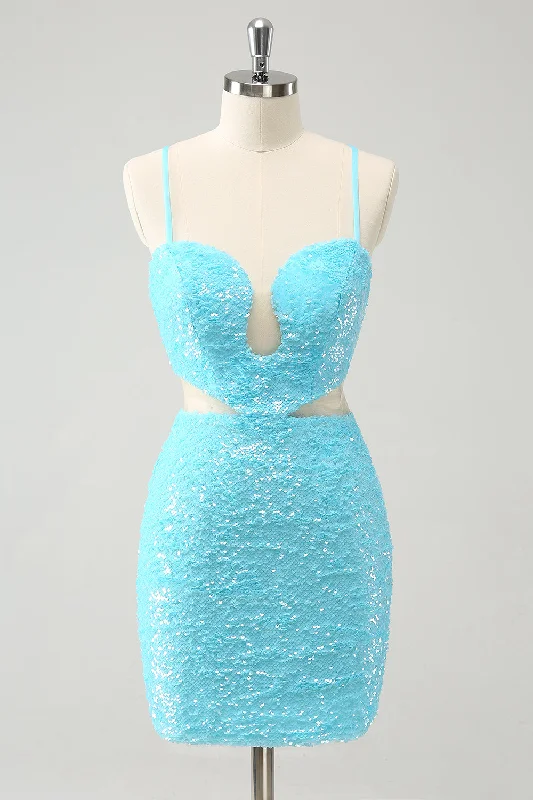 Sparkly Light Blue Spaghetti Straps Sequin Tight Homecoming Dress with Hollow Out