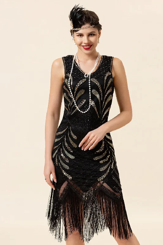 Black V Neck Sequin 1920s Flapper Dress