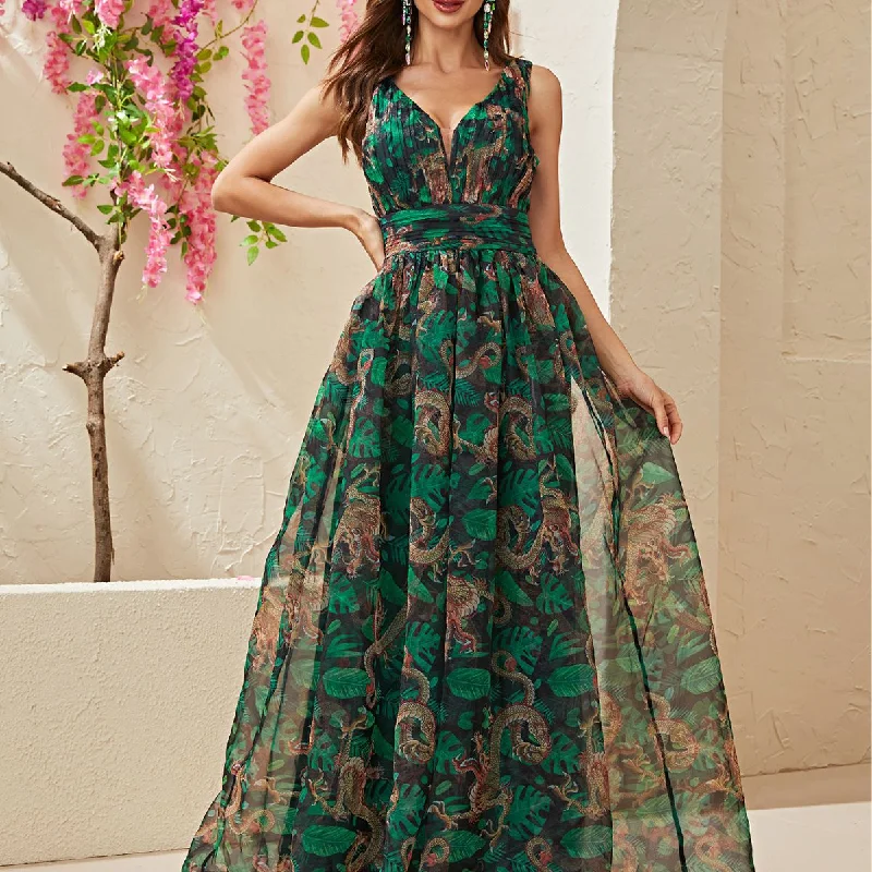 NiDELL New Design Sense Dress Sleeveless Printed Backless Waist Trimming Vacation Style Organza Dress-Ss342