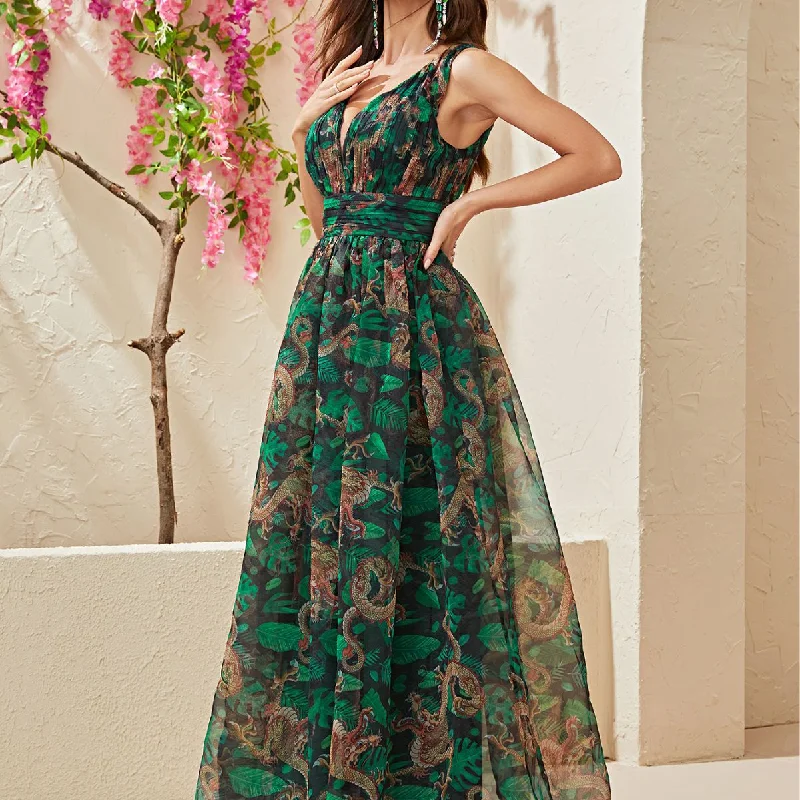 NiDELL New Design Sense Dress Sleeveless Printed Backless Waist Trimming Vacation Style Organza Dress-Ss342