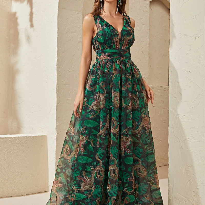 NiDELL New Design Sense Dress Sleeveless Printed Backless Waist Trimming Vacation Style Organza Dress-Ss342