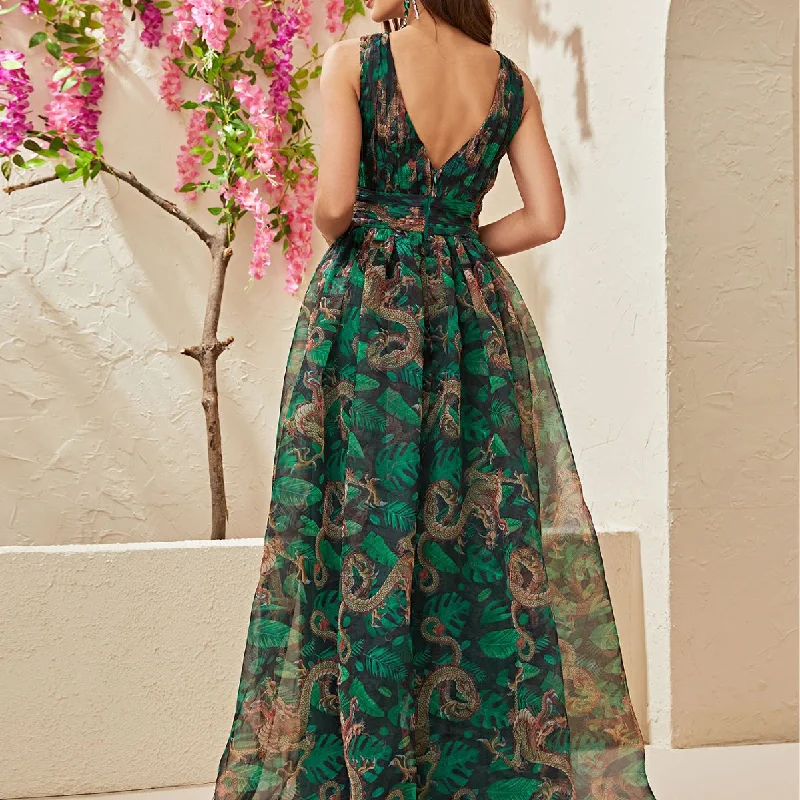 NiDELL New Design Sense Dress Sleeveless Printed Backless Waist Trimming Vacation Style Organza Dress-Ss342