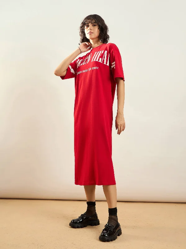 Women Red BROKEN HEART Printed T-Shirt Dress