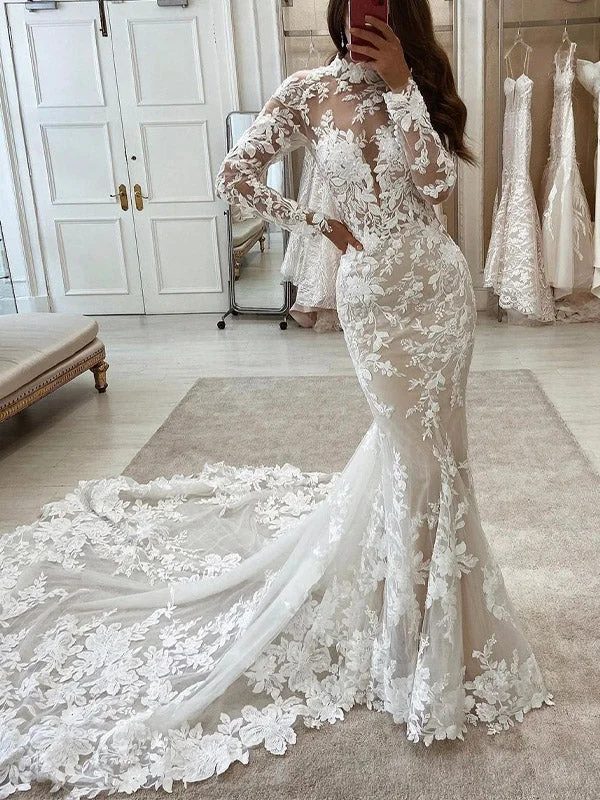 High Neck Long Sleeves Mermaid Vintage Elegant Beach Long Wedding Dresses WD249