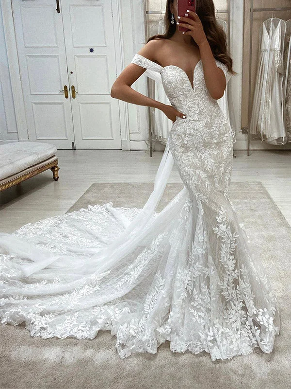 Off the Shoulder Unique Design Dream Princess Vintage Garden Beach Long Wedding Dresses WD245