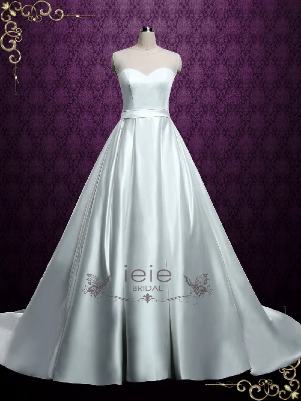 Plain Satin Ball Gown Wedding Dress with Illusion Neckline ELLA