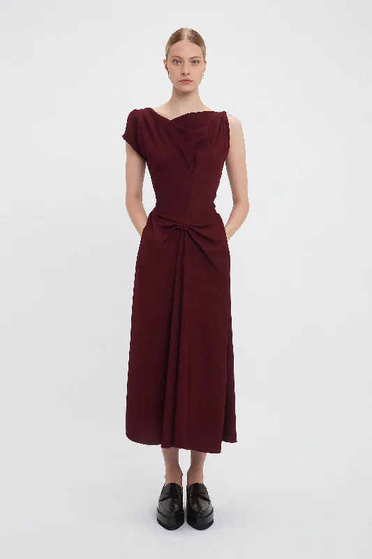 Deconstructed Gathered Waist Midi Dress In Port