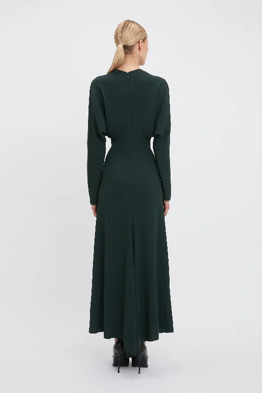 Long Sleeve Draped Midi Dress In Seaweed