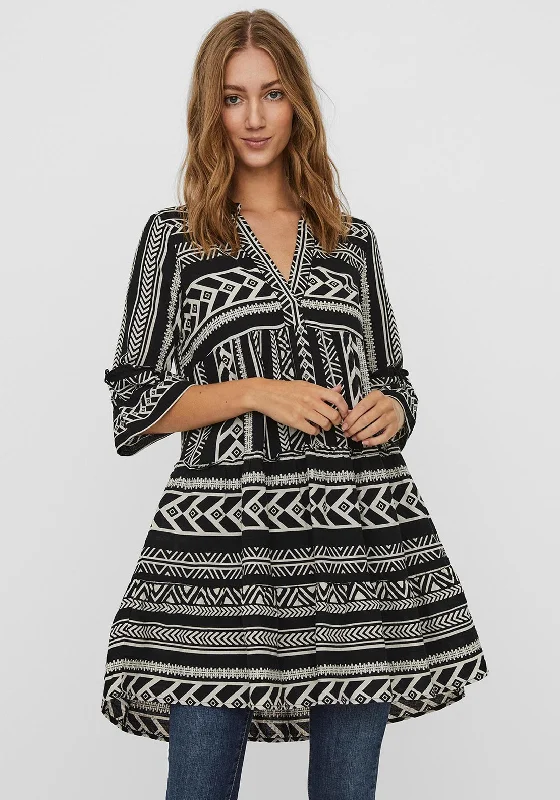 Vero Moda Aztec Print Tunic Smock Mini Dress, Black & Birch