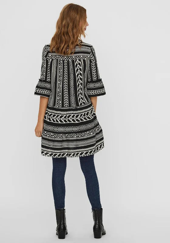 Vero Moda Aztec Print Tunic Smock Mini Dress, Black & Birch