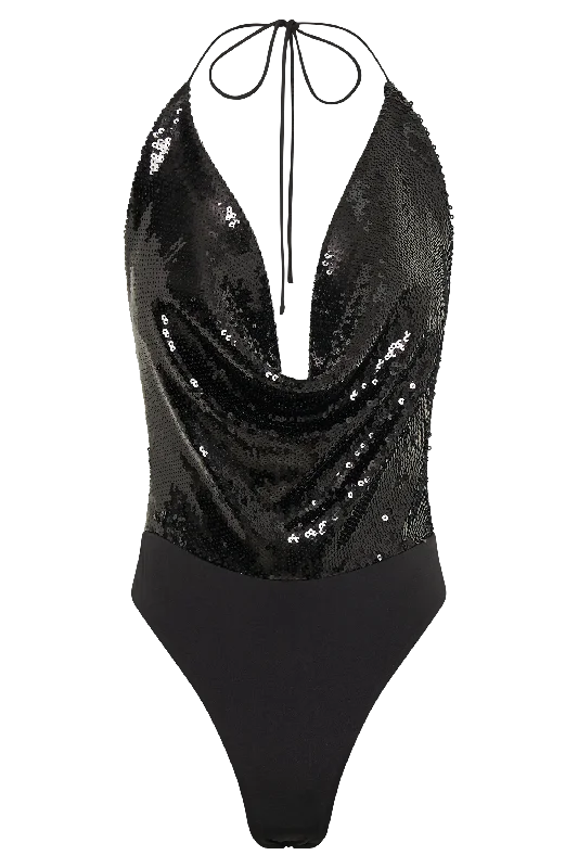 Nathalie Sequin Cowl Bodysuit - Black