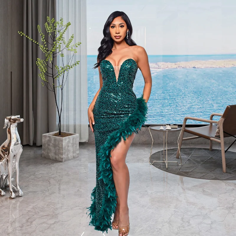 Sequin Deep V Neck Strapless Long Slit Prom Dress