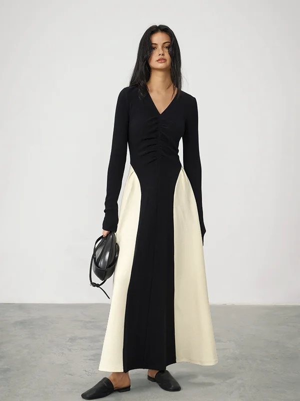 V-Neck Patchwork Pleated Long Dress