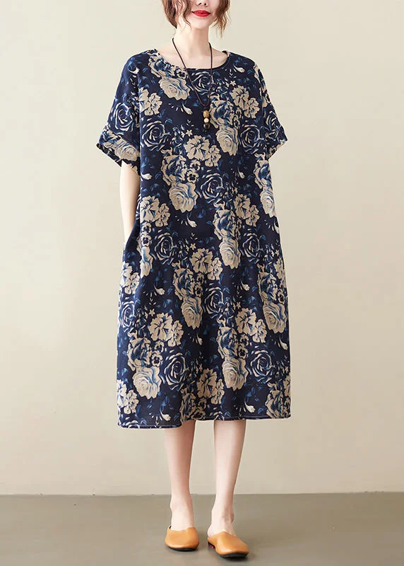 Art Navy Blue O-Neck Print Maxi Dress Short Sleeve