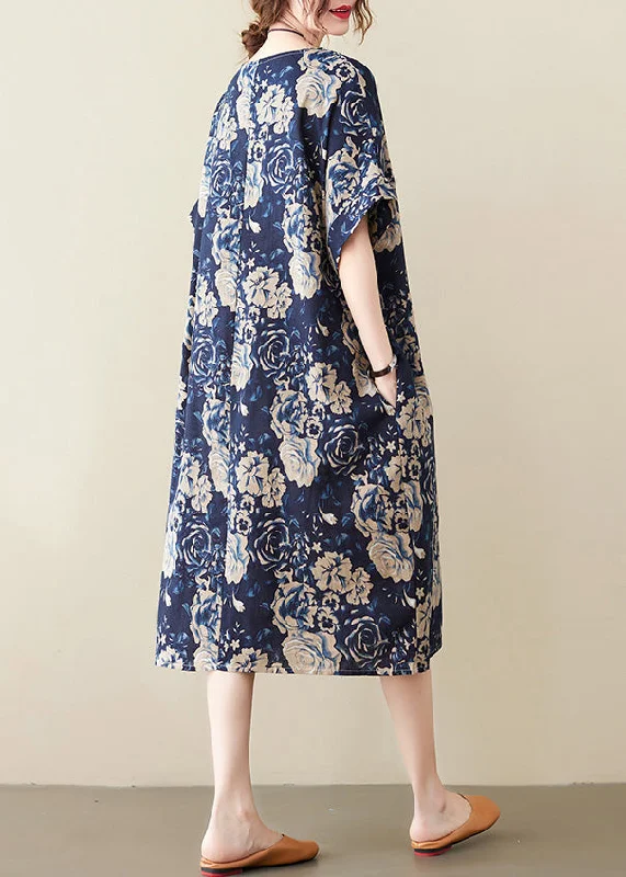 Art Navy Blue O-Neck Print Maxi Dress Short Sleeve