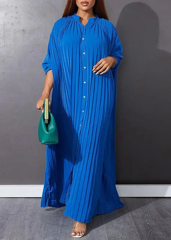 Blue O-Neck Button Vacation Maxi Dresses Long Sleeve VB1037