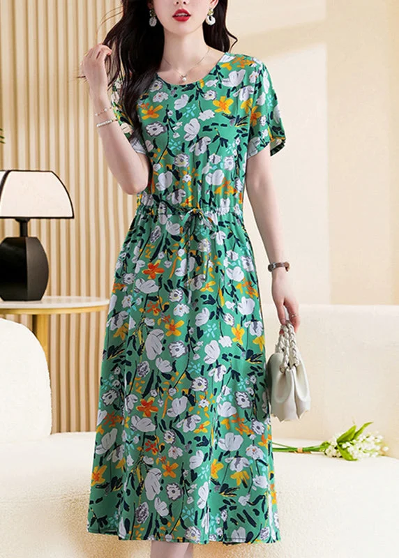 DIY Khaki O-Neck Print Tie Waist Maxi Dress Short Sleeve VB1007