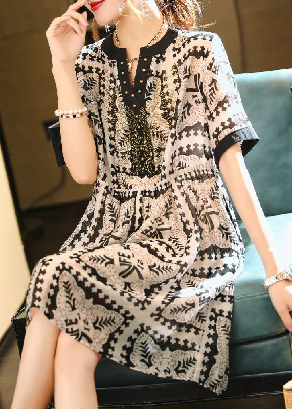 Elegant Black V Neck Print Vacation Chiffon Maxi Dresses Summer